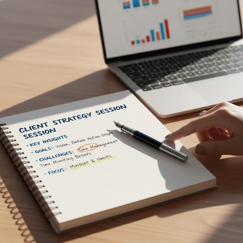 Coaching notes and planning tools on a work desk