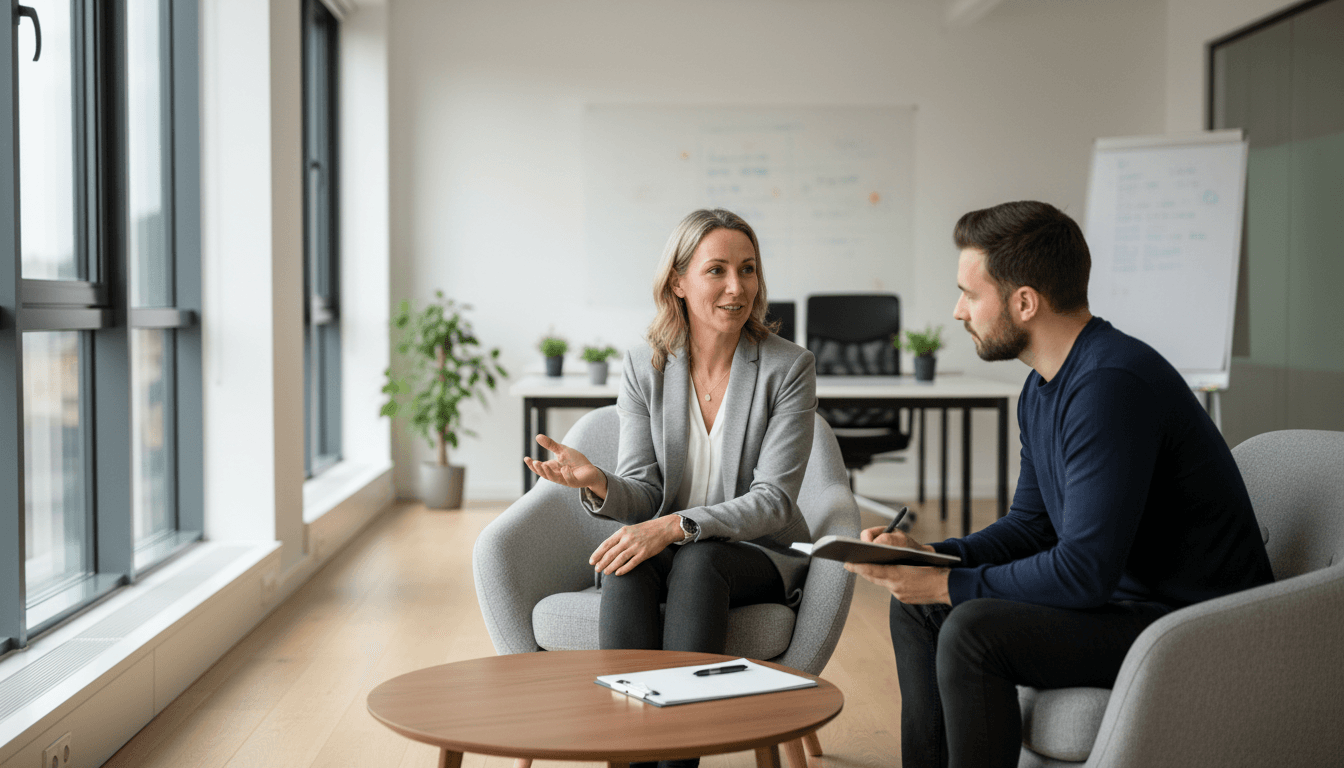 Professional mentor and client in authentic coaching conversation with natural light