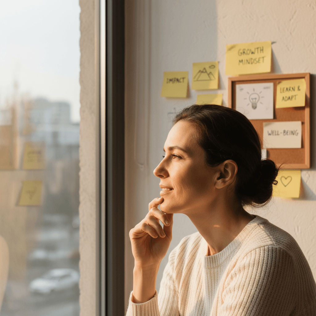 Professional reflecting on personal growth and development